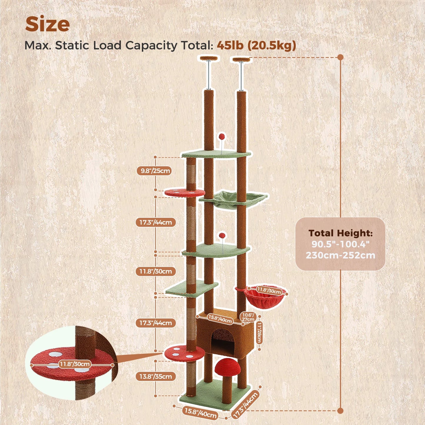 Floor to Ceiling Cat Tree, Scratching Posts, Adjustable Height, Indoor
