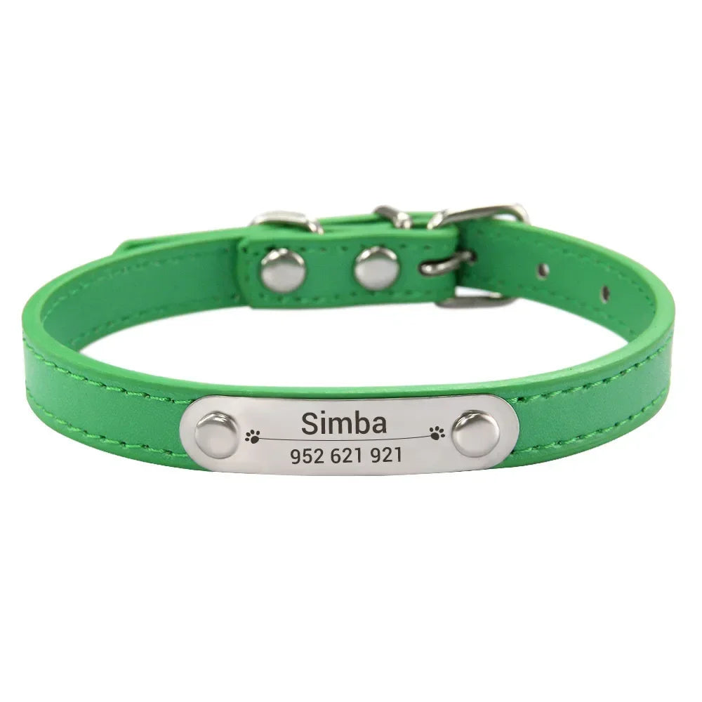 Personalized Dog and Cat Collar Name Carved 16 Colors Solid PU Leather Collar