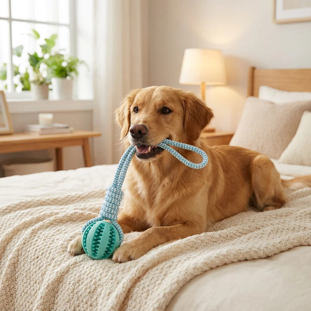 Cotton Rope & Rubber Dog Chew Ball, Treat Dispenser Toy.