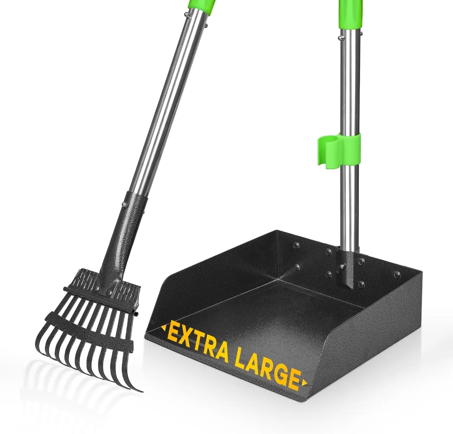 Dog Pooper Scooper Long Handle Stainless Metal Tray and Rake Heavy Duty