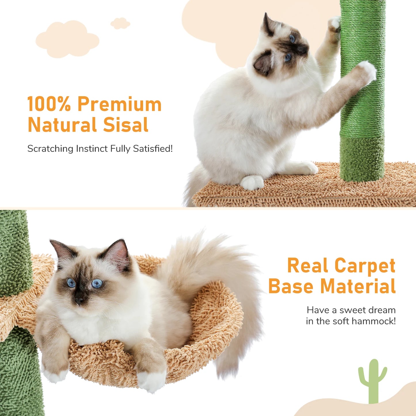 Cat Tree 5-Tier Floor to Ceiling, Tower Cactus Tall Climbing Tree, Scratching Post Hammock, Dangling Ball for Indoor Cats
