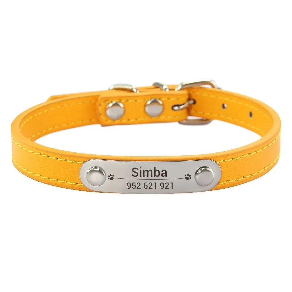 Personalized Dog and Cat Collar Name Carved 16 Colors Solid PU Leather Collar