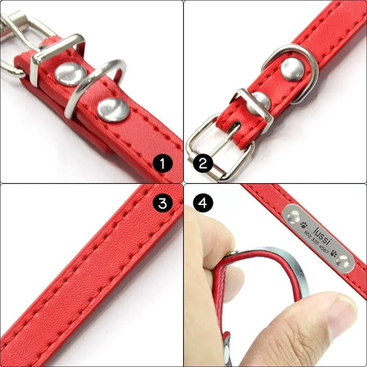 Personalized Dog and Cat Collar Name Carved 16 Colors Solid PU Leather Collar