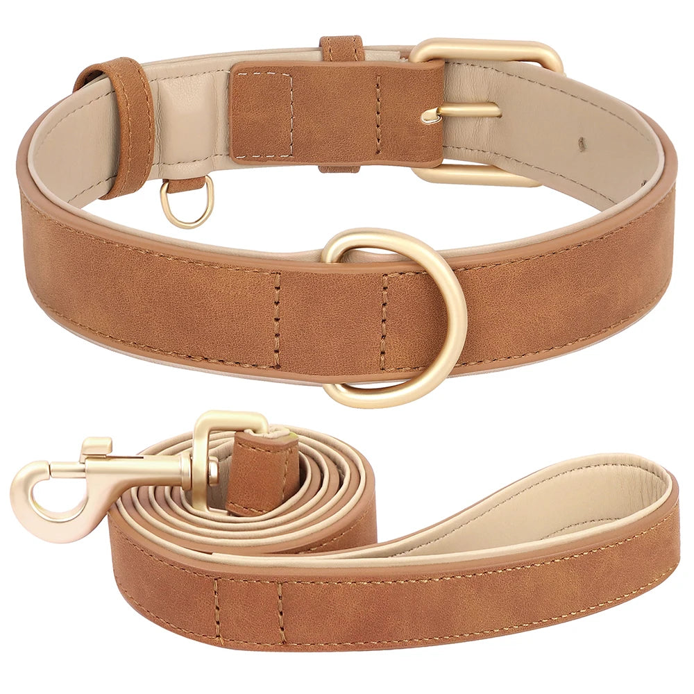 Soft Padded Dog Collar Leash Set PU Leather  Necklace With Walking Lead Rope Adjustable