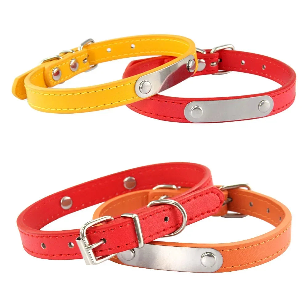 Personalized Dog and Cat Collar Name Carved 16 Colors Solid PU Leather Collar