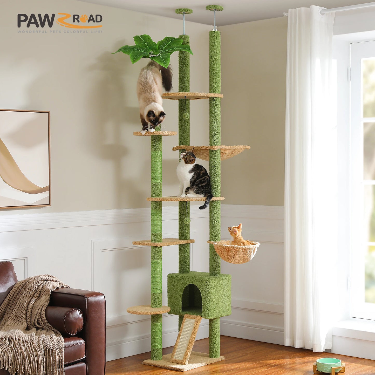 Floor to Ceiling Cat Tree, Scratching Posts, Adjustable Height, Indoor