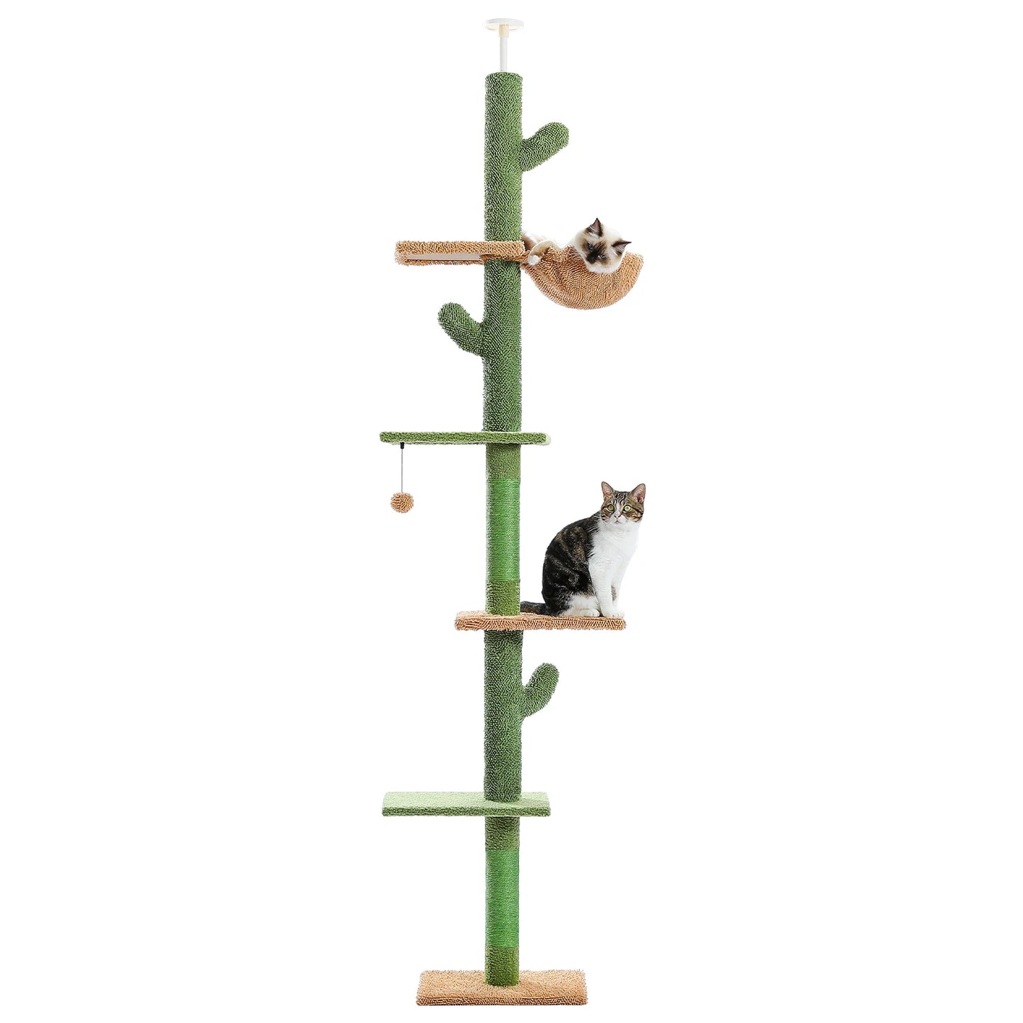 Cat Tree 5-Tier Floor to Ceiling, Tower Cactus Tall Climbing Tree, Scratching Post Hammock, Dangling Ball for Indoor Cats