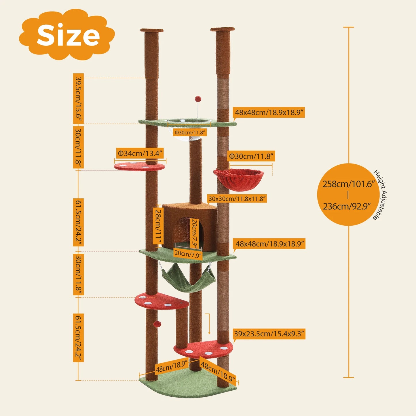 Floor to Ceiling Cat Tree, Scratching Posts, Adjustable Height, Indoor