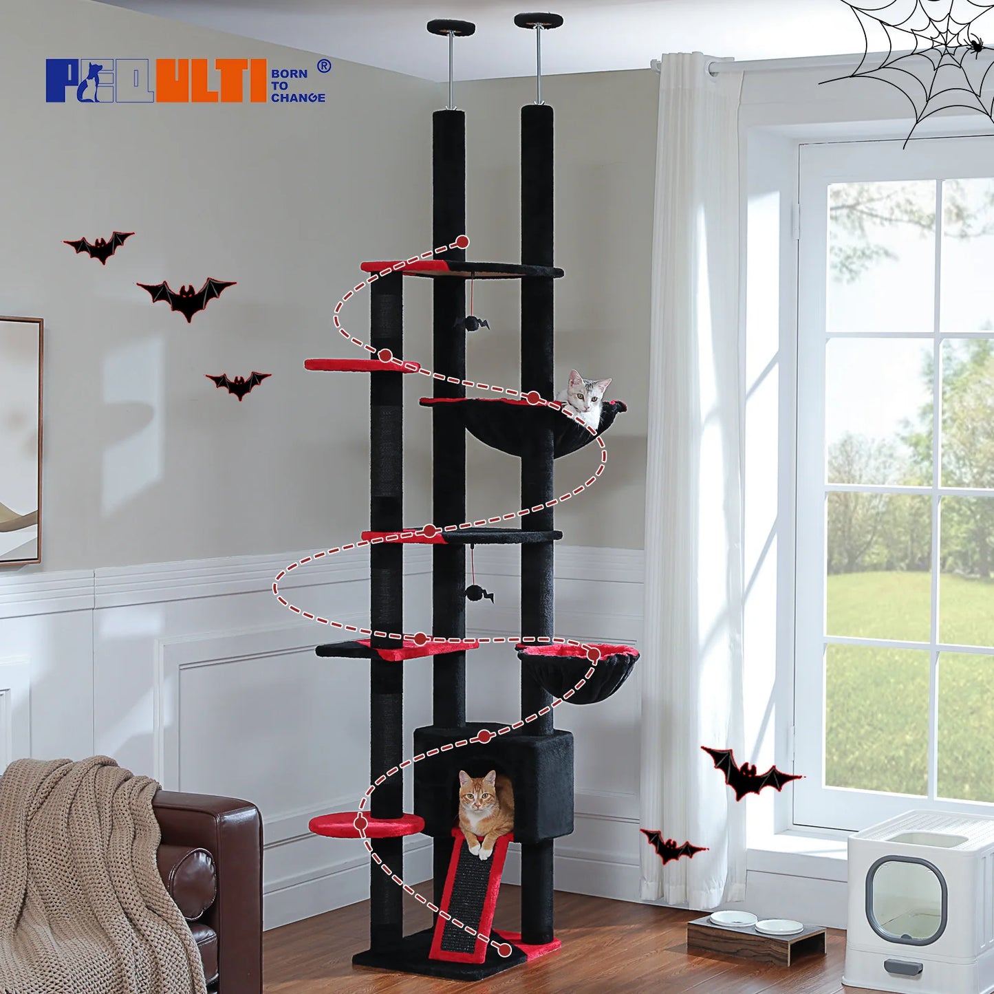 Floor to Ceiling Cat Tree, Scratching Posts, Adjustable Height, Indoor
